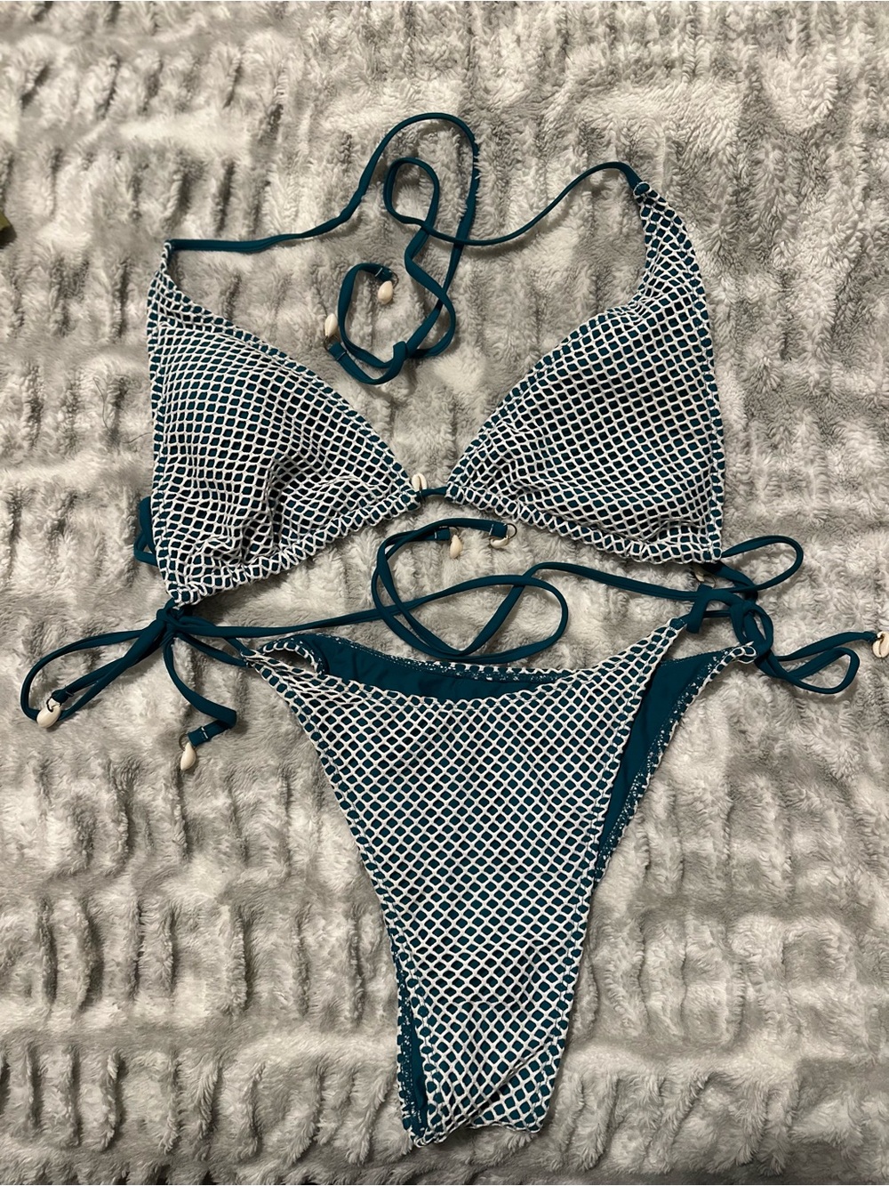 Teal and White Geometric String Bikini